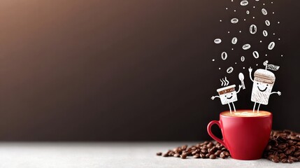 Cheerful coffee cup illustration with playful characters, steam rising, surrounded by coffee beans, creating a whimsical and inviting atmosphere with copy space for text