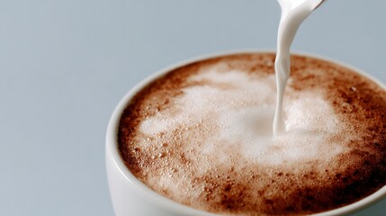 Coffee cup with creamy latte art being poured, showcasing a comic style design with bold outlines, creating a visually appealing and artistic beverage experience