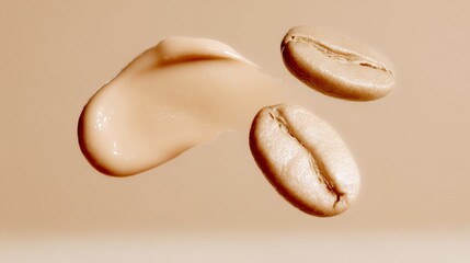 Soft coffee beans floating above a creamy swirl, creating a visually appealing composition that highlights the rich textures and colors of coffee and cream, ideal for culinary design