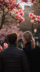 A couple stands together enjoying the beautiful pink magnolia blossoms blooming brightly in a sunny spring park.