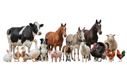 Diverse group of healthy farm animals: cow, horse, sheep, pig, rabbit, and dog, on a transparent studio background with soft, diffused lighting, concept of agricultural diversity