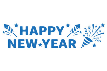 Blue "Happy New Year" badge with party poppers, confetti, and stars, isolated on a transparent background. Perfect vector graphic for invitations, social media, and holiday stickers.