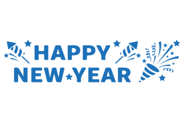 Blue "Happy New Year" badge with party poppers, confetti, and stars, isolated on a transparent background. Perfect vector graphic for invitations, social media, and holiday stickers.