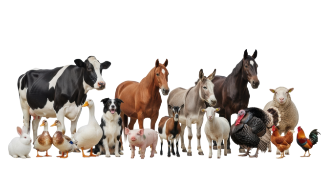 Diverse group of healthy farm animals: cow, horse, sheep, pig, rabbit, and dog, on a transparent studio background with soft, diffused lighting, concept of agricultural diversity