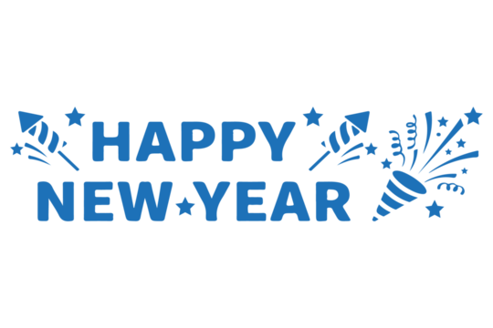 Blue "Happy New Year" badge with party poppers, confetti, and stars, isolated on a transparent background. Perfect vector graphic for invitations, social media, and holiday stickers.