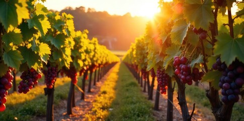 Sun-drenched vineyard bursting with ripe grapes ready for harvest Golden hour light illuminates the rows of vines heavy with fruit A picturesque autumn scene , rows, red grapes