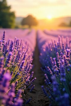 A calming scene of lavender fields bathed in soft sunlight, evoking serenity and spiritual connection Perfect for meditation, yoga, or relaxation imagery , beautiful, ethereal
