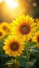 Obraz premium Vibrant sunflowers bask in the golden sunlight, their faces turned towards the sun A breathtaking display of nature's beauty, perfect for summer themes and bright backgrounds , sunny, bright