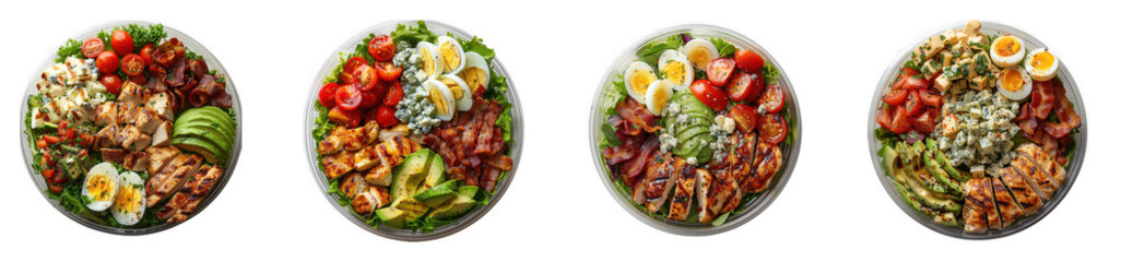 Four vibrant and healthy salad bowls featuring fresh vegetables, protein, and eggs, isolated on transparent background