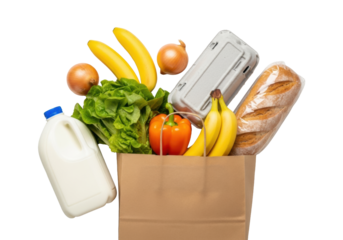 Brown paper grocery bag spilling vibrant fresh produce, milk jug, egg carton, bread, on transparent studio surface, healthy essentials concept