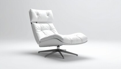 Modern white chaise lounge with cushioned sections and metal swivel base on dark background