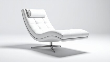 Modern white chaise lounge with cushioned sections and metal swivel base on dark background