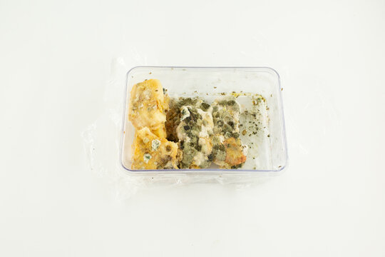 A plastic container with pasta pieces showing visible surface changes and natural food degradation after improper storage.