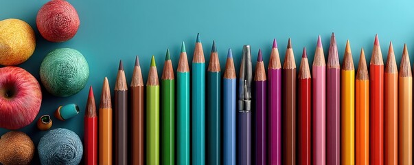 Colorful pencils and yarn arranged on a vibrant blue background