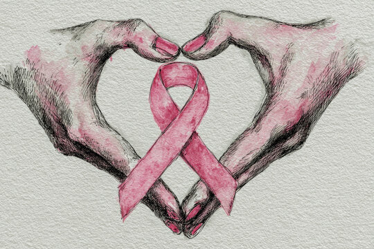 Hands forming heart shape with pink ribbon