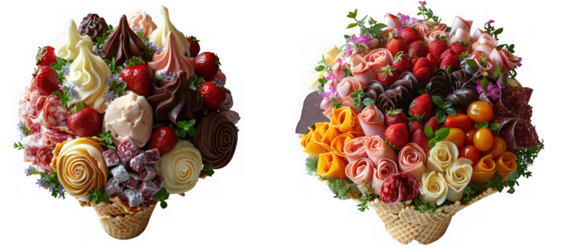 Two vibrant edible bouquets, one made of sweets and the other of fresh fruits and vegetables, isolated on transparent background