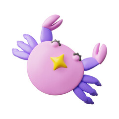 Cute 3D cartoon Cancer, pink, with purple paws and a yellow star, Zodiac symbol.