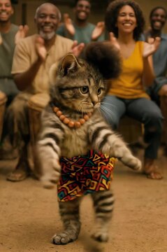 Un gato vestido con ropa tradicional africana baila con entusiasmo frente a un grupo de personas que lo animan.