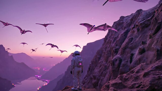 Un astronauta solitario observa un paisaje alien&iacute;gena con criaturas voladoras al atardecer.