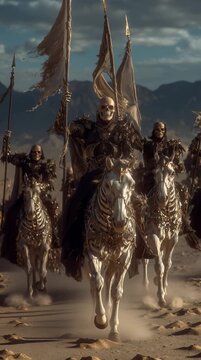 Un espectral jinete montado en un corcel de hueso, cabalgando a trav&eacute;s de un paisaje des&eacute;rtico.