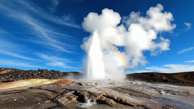Geyser eruption under a blue sky