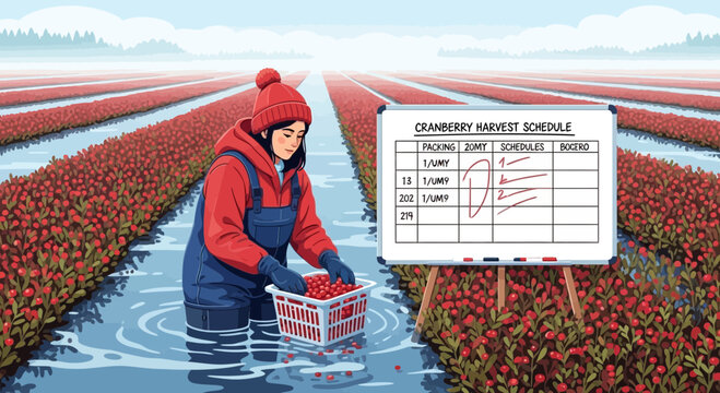 Harvesting cranberries in a flooded field with harvest schedule whiteboard visual