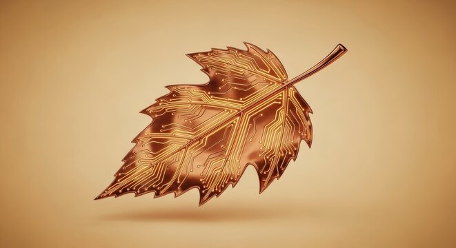Copper leaf with circuit patterns on light brown background digital nature design element with autumn leaf shape intricate details technological organic synergy