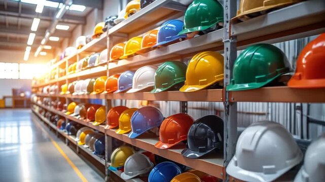 Warehouse Safety - Rows of Colorful Hard Hats for Construction Workers.