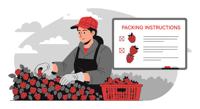 Berries harvesting process with instructions for packing on the whiteboard