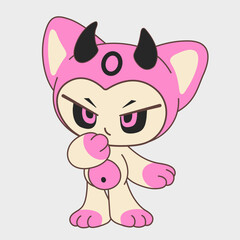Pink anime demon. Funny chibi Halloween character. Cartoon character design.