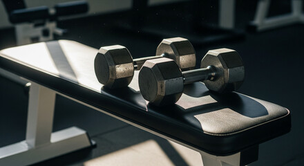 Pair of heavy dumbbells resting on an exercise bench in gym.
A close-up, horizontal shot capturing a pair of metal hex dumbbells resting side-by-side on the black, padded surface of an adjustable 