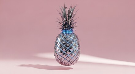 Chrome Pineapple with Blue Neon Highlight Metal Pineapple Silver Pineapple with Neon Design Futuristic Fruit Sleek Pineapple Shiny Pineapple Chrome Fruit Display