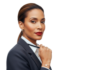 A diverse gender-neutral professional, mid-30s, in business-casual, matte red lipstick, confident smile, clean high-key studio background, soft lighting, concept of impactful communication