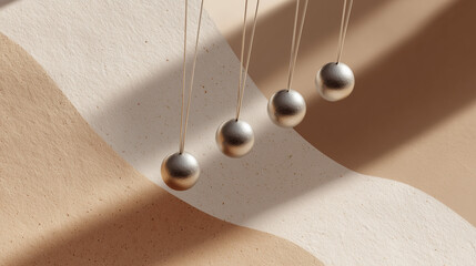 Newton's cradle with four metallic balls on a beige background  