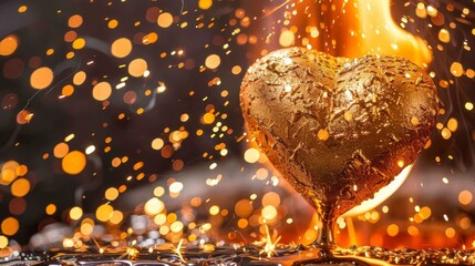 Molten gold heart dripping luminous liquid metal, shimmering sparks, dark background, high contrast surreal art