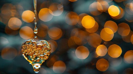 Molten gold heart dripping luminous liquid metal, shimmering sparks, dark background, high contrast surreal art