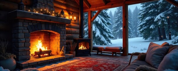 Cozy cabin scene bathed in the warm glow of a fireplace, snow falling gently outside Perfect for winter, holiday, and travel themes Canadian wilderness ambiance , escape, ambiance