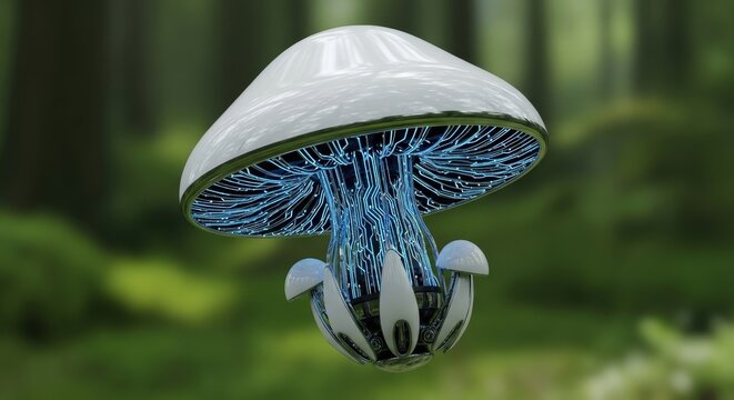 Futuristic mushroom fruit cybernetic design with led glowing elements on green background digital art fruit object for print projects 3d rendering