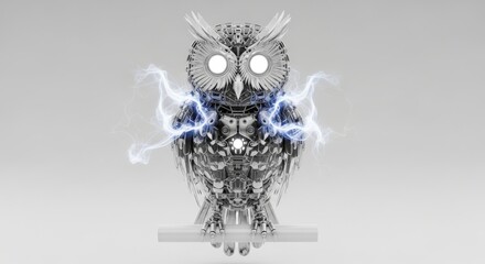 Digital Owl Robot Illustration Featuring Intricate Mechanical Details and Electronic Lightning Effects Against Clean Background Showcasing Modern Technology Art