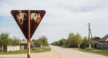 Back view of a rusty road sign on a rural street. Old weathered metal triangle with corrosion and peeling paint