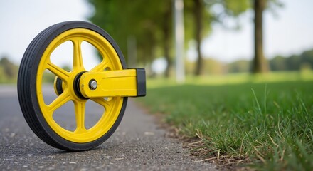 Yellow measuring wheel on asphalt road. Surveyor tool for measuring distance outdoors. Construction and engineering equipment with copy space