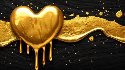 Molten gold heart dripping luminous liquid metal, shimmering sparks, dark background, high contrast surreal art