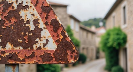 Close up of a rusty triangular road sign with peeling paint. Old weathered metal traffic symbol in a village street. Decay and neglect concept with copy space