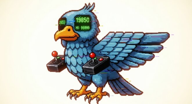 Pixelated Bird Gamer With Arcade Joysticks Sporting Digital Display Glasses And An 8 Bit Score In An Ode To Retro Gaming Excellence And Nostalgic Virtual Avian Fun - Powered by Adobe