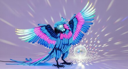 Obraz premium Neon Parrot Displaying Wings with Disco Ball on Lavender Backdrop a Vibrant and Energetic Representation of Futuristic Bird with Luminous Colors