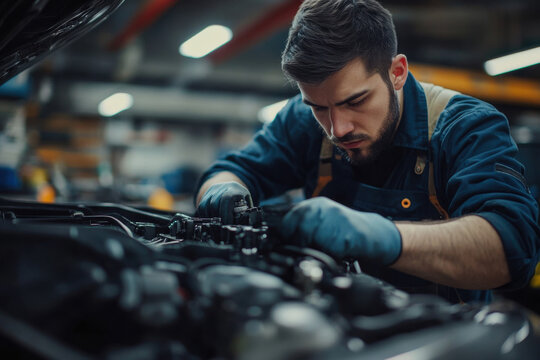 a mechanic with a look of extreme concentration on his face working under the hood of a car. Auto repair shop