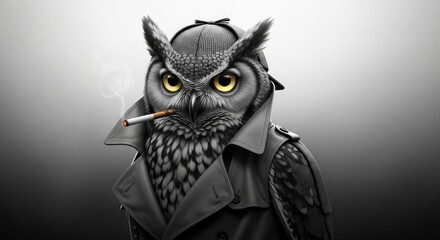 Fototapeta premium Intelligent owl detective character smokes with yellow eyes dressed in trench coat and deerstalker hat sits in front of light gray background and smokes cigarette