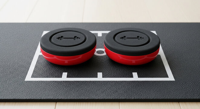 High-Tech Workout: Pair of Red and Black Smart Fitness Devices
A clean, slightly elevated studio shot of two matching, modern smart fitness devices resting side-by-side on a black exercise or yoga mat - Powered by Adobe