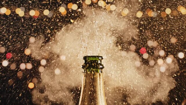 Champagne cork popping with an explosive splash in slow motion. Close-up of a bottle opening against a festive background of bokeh fireworks lights. New Year celebration concept