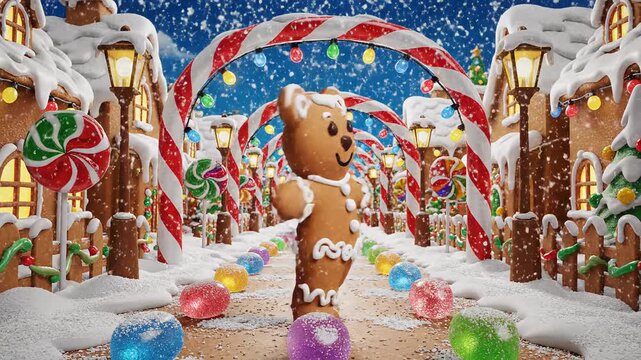 Happy gingerbread bear dancing in a snowy Christmas village. 3D animated holiday character spinning among candy canes and lollipops. Festive winter celebration concept